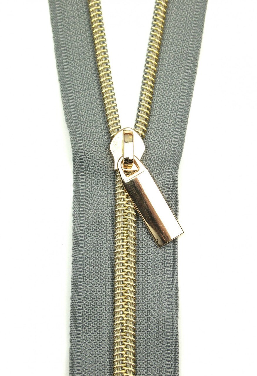 Sallie Tomato Zippers By The Yard Grey Tape Light Gold Teeth 5