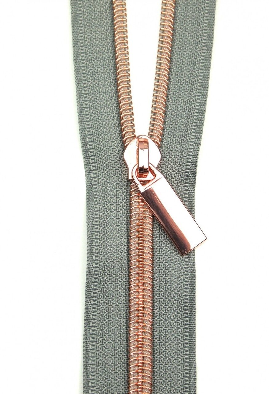 Sallie Tomato Zippers By The Yard Grey Tape Rose Gold Teeth 5